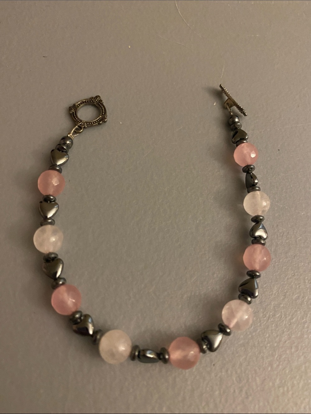 Delicate Pink Rose Quartz and Hematite Beaded Bracelet